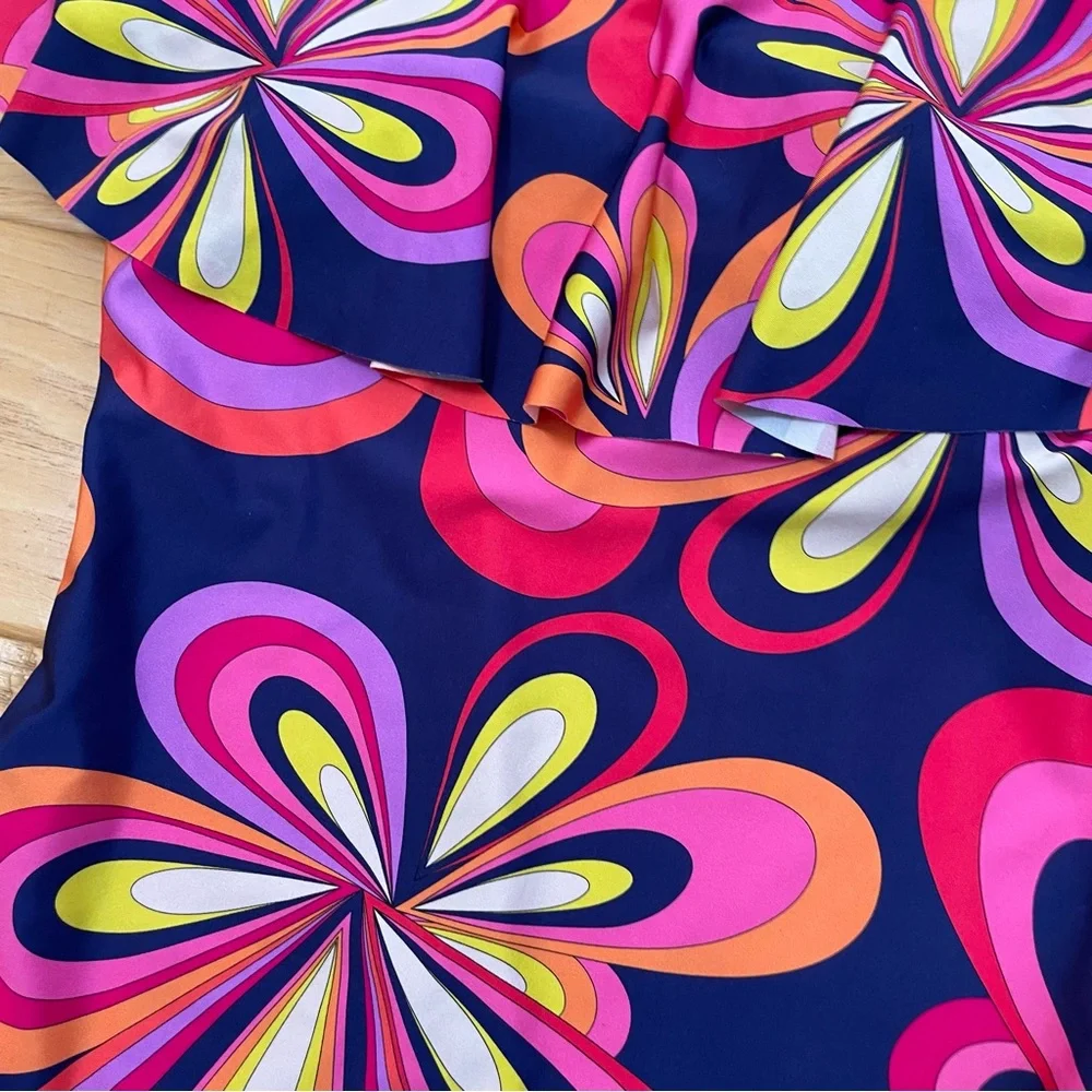Trina Turk Off the Shoulder Ruffle One Piece Swimsuit Pink Purple Swirl Small